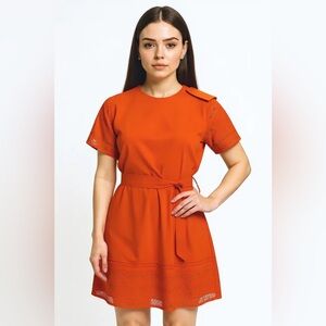 NWT Pearl Red Orange Midi Dress with Flutter Lace Sleeves